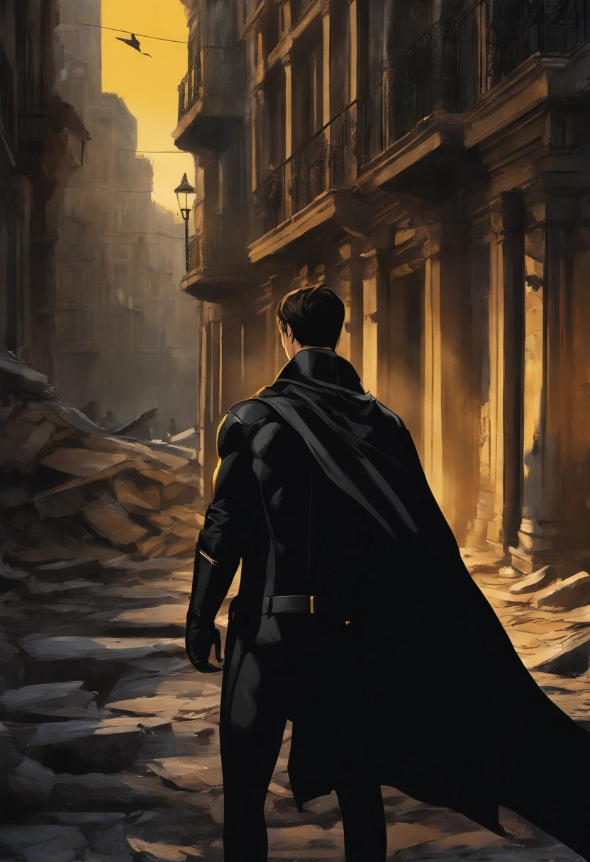 um adolescente de anos com cabelos azuis e olhos negros, wears a black superhero outfit resembling a spy uniform with a tattered yellow cape, An aura of shadows appears behind him, He's with his back to a building and is watching a city in ruins, anime, capa de novela