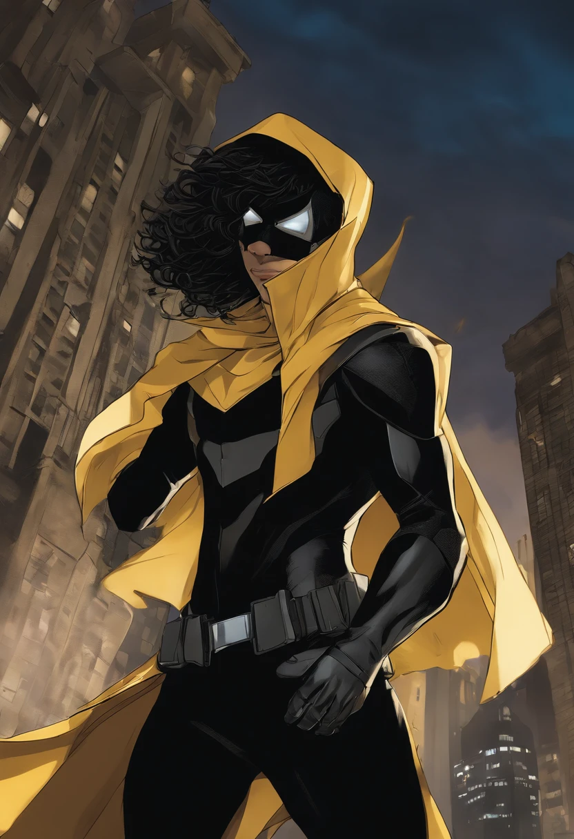 um adolescente de 15 anos com cabelos azuis e olhos negros, wears a black superhero outfit resembling a spy uniform with a tattered yellow cape, An aura of shadows appears behind him, He's with his back to a building and is watching a city in ruins, anime, capa de novela