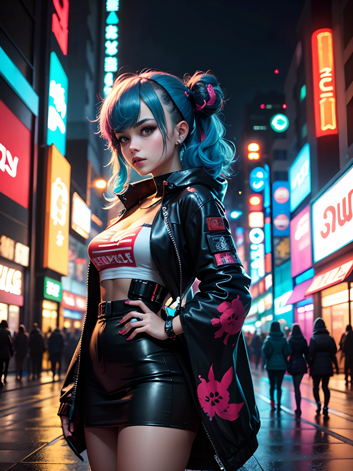 ((Best Quality)), ((Masterpiece)), (High Definition:1.3), 3D, Beautiful (Cyberpunk:1.3) Hacker woman with colored hair, black underwear looking at camera, young, young, big breasts, protruding, sexual, seduction, big showing big, chest glowing with neon, face facing forward