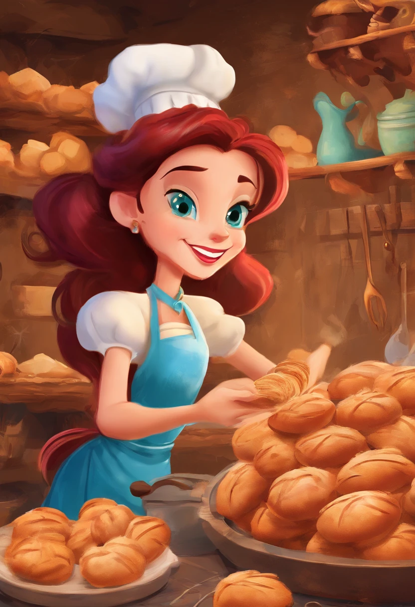 Create a Disney Pixar Poster. Uma mulher chef de cozinha. Esta mulher tem cabelos cor castanho escuro, cabelos na altura do ombro, Is smiling happily, olhos castanhos, olhos pequenos. Ela usa brincos pequenos. Ela tem pele branca. She's making bread in a bakery.