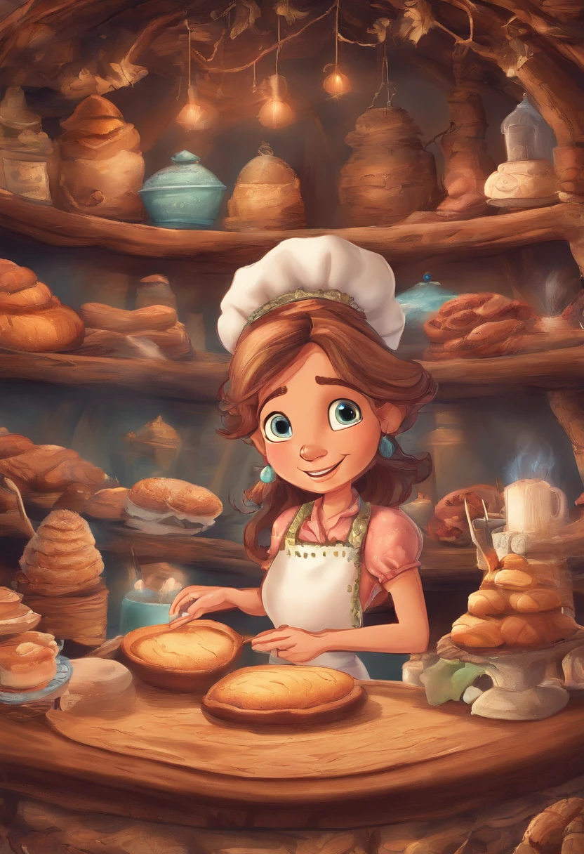 Create a Disney Pixar Poster. Uma mulher chef de cozinha. Esta mulher tem cabelos cor castanho escuro, cabelos na altura do ombro, Is smiling happily, olhos castanhos, olhos pequenos. Ela usa brincos pequenos. Ela tem pele branca. She's making bread in a bakery.