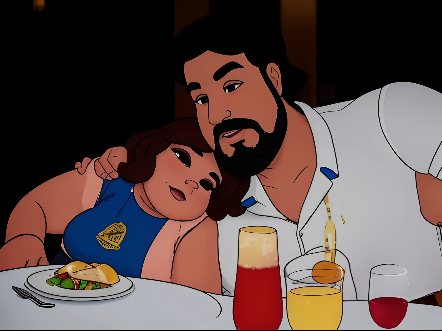 A chubby brunette father and a fat daughter       
 Branquinha in the restaurant