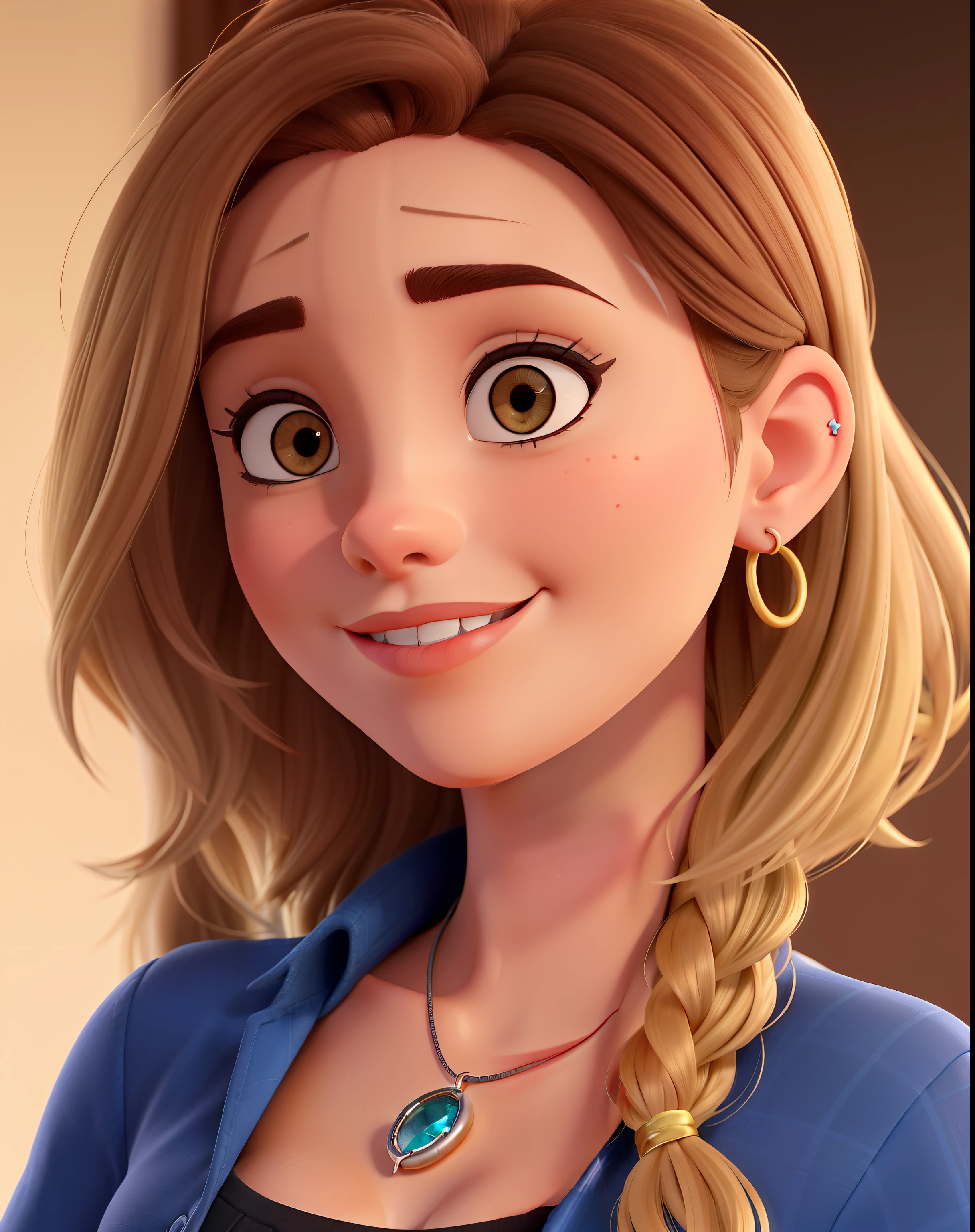 sexo feminino, Brown hair with medium-sized blonde highlight, sobrancelhas cor castanho claro, pele branca, Sardinhas no rosto, Large eyelashes of the rounded face, olhos grandes cor castanho claro, nariz arredondado, piercing septal, Piercing labret lateral, sorriso de canto, delineado grande preto, recepcionista, hotel, Blue shirt written Quarter in sight on left chest,