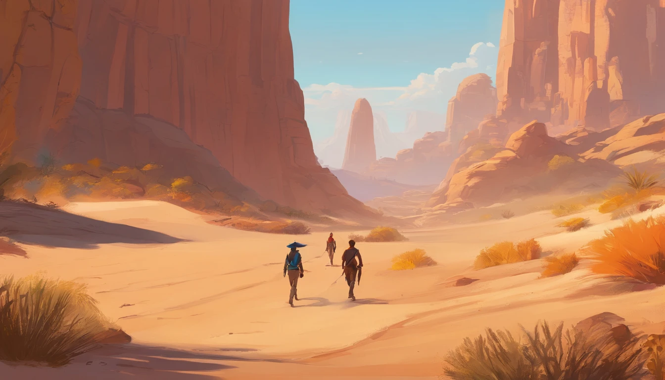 Two people were walking in the desert near a large rock, Unreal Engine 5 showcase, Anamorphic 24 mm lens, Inspired by Sanford Robinson Gifford, game screenshot, still from a music video, sylvain sarrailh and igor morski, Screenshots of internal gameplay, 2019, television screenshot