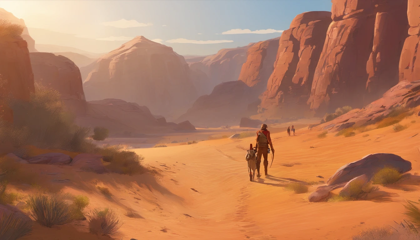 Two people were walking in the desert near a large rock, Unreal Engine 5 showcase, Anamorphic 24 mm lens, Inspired by Sanford Robinson Gifford, game screenshot, still from a music video, sylvain sarrailh and igor morski, Screenshots of internal gameplay, 2019, television screenshot
