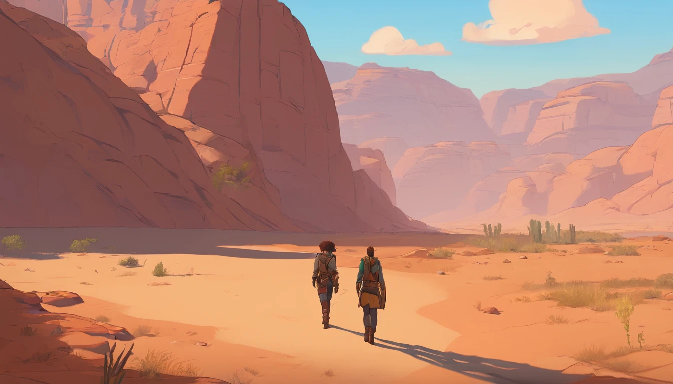 Two people were walking in the desert near a large rock, Unreal Engine 5 showcase, Anamorphic 24 mm lens, Inspired by Sanford Robinson Gifford, game screenshot, still from a music video, sylvain sarrailh and igor morski, Screenshots of internal gameplay, 2019, television screenshot