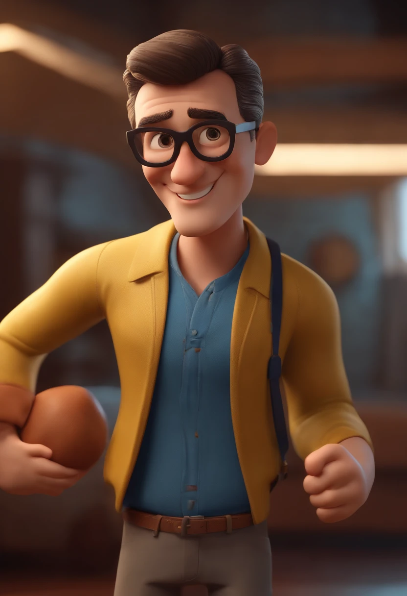 Cartoon character of a man wearing black glasses and a blue shirt, um personagem animado, Caractere estilizado, animation style rendering, 3D estilizado, Arnold Maya render, 3 d render stylized, toon render keyshot, Personagem 3D, Personagem 3D, 3d rendering stylized, 3 d character render, personagem de desenho animado, Personagem de close up, Pose de personagem, (Estilo Pixar) (master part:1.2) (Bokeh) (best quality) (pele detalhada) (textura detalhada) (8k) (argila) (Cinematic lighting) (foco nítido,Senta e vaza a parte superior do corpo
