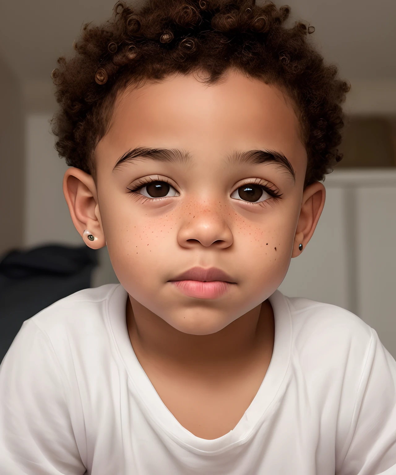 Make a light skinned boy with oval face shape, average chin size, large ears, attached ears, large nose, small eyes, not round eye shape, brown eyes, superset eye brows, Long eyelashes, freckles, full lip shape, and curly blond thick hair
