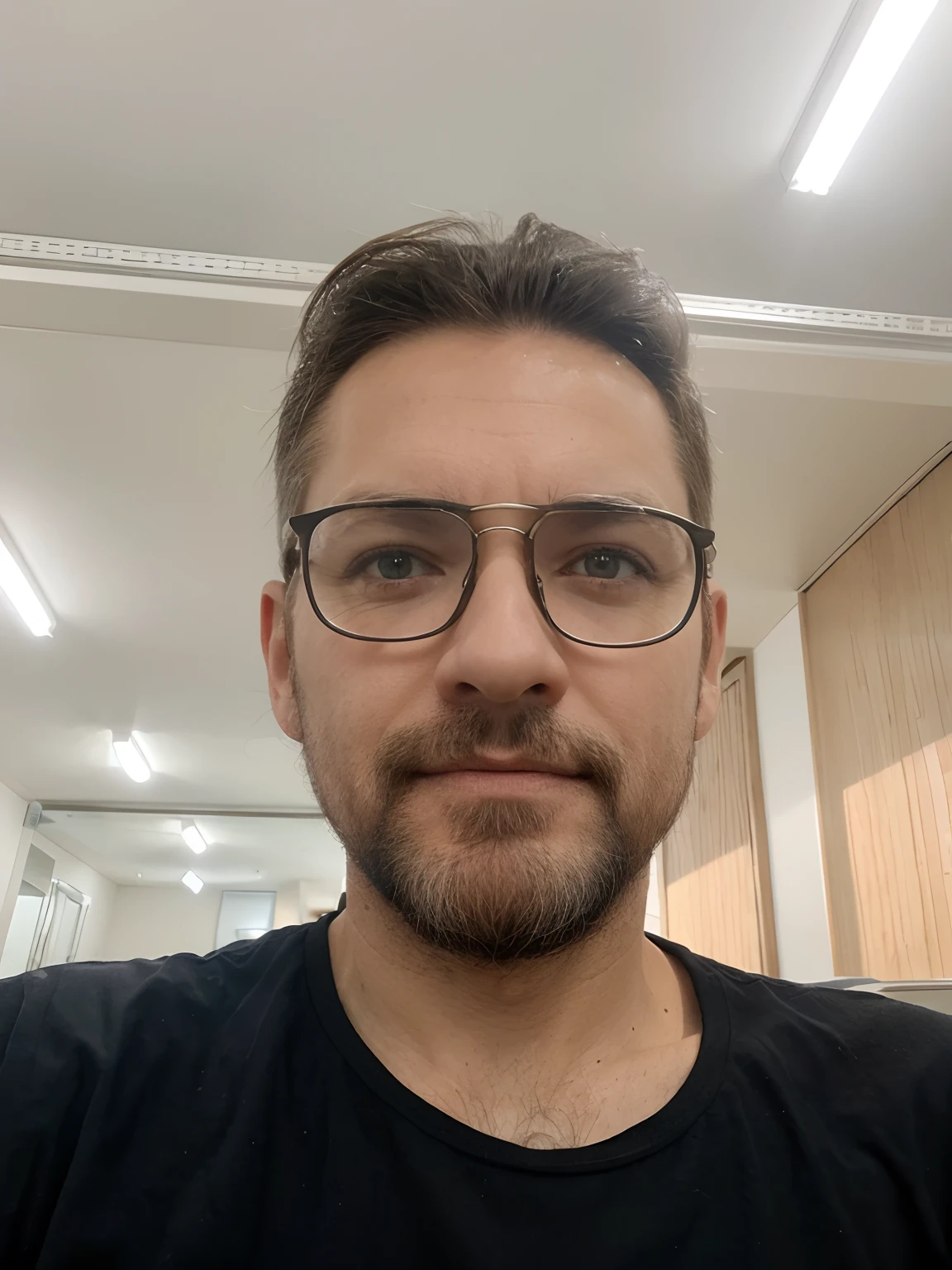 Criar um personagem no estilo Pixar. Trata-se de um homem de 40 anos, com barba, Branco, com cabelos castanhos curtos e um quiff, e olhos castanhos. Ele deve estar na frente de um computador, Trabalhar como designer