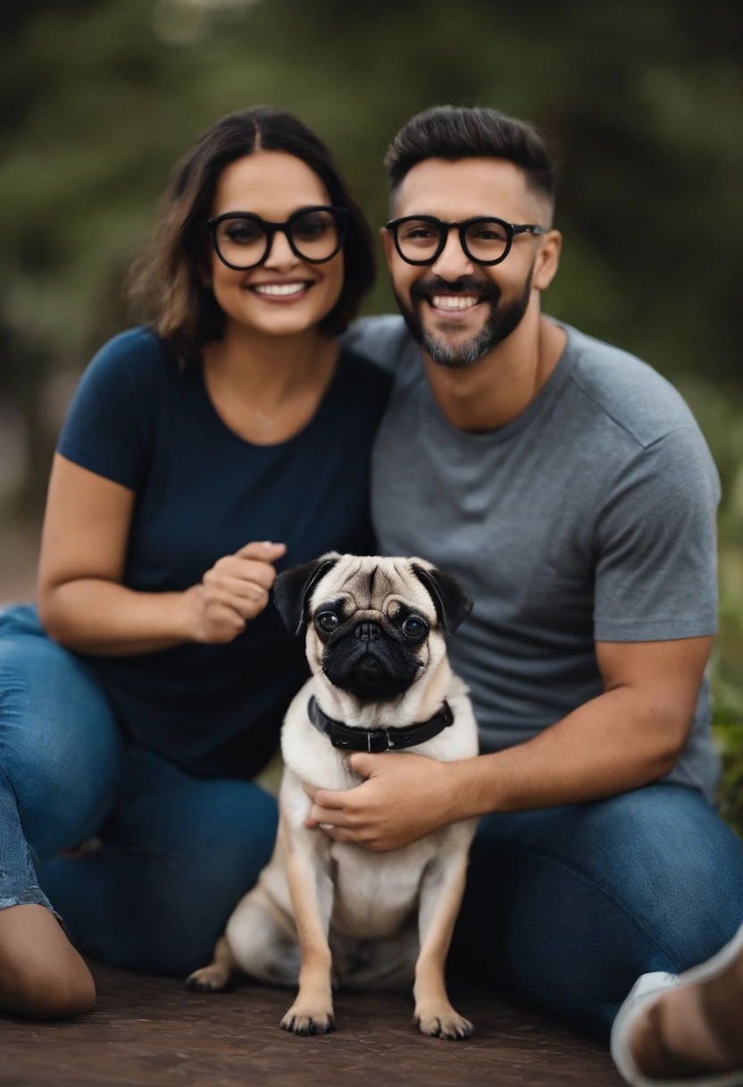 Pixar. Casal com um cachorro pug. A menina tem os cabelos castanhos escuro amarrados, Camiseta cinza e jeans claro, white glasses. O menino de cabelos pretos com cabelos grisalhos, barba pequena, oculos, Dark blue jeans and gray t-shirt. They are both smiling and are 40 years old, tem duas filhas de 12 anos,