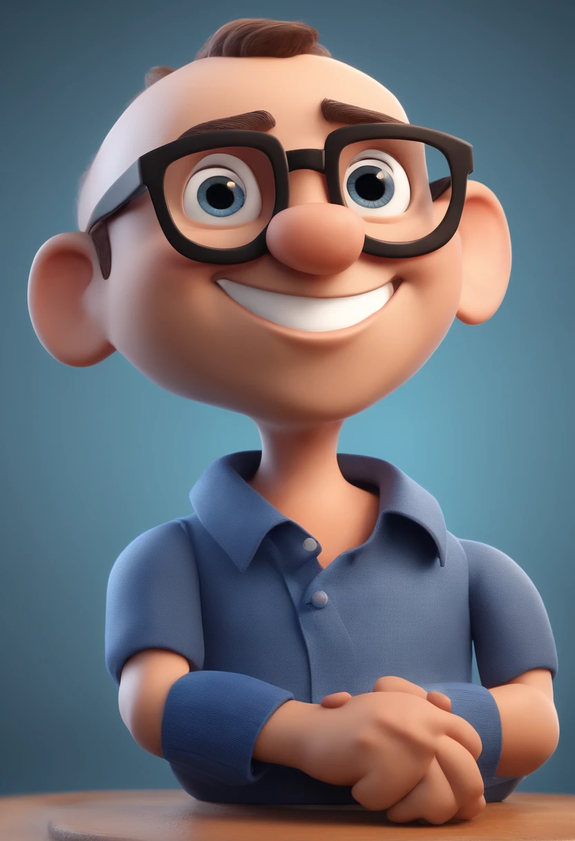 Cartoon character of a man with black glasses and a blue shirt, animation character, Caractere estilizado, animation style rendering, 3D estilizado, Arnold Maya render, 3 d render stylized, toon render keyshot, Personagem 3D, Personagem 3D, 3d rendering stylized, 3 d character render, personagem de desenho animado, Personagem de close up, Pose de personagem,  (Estilo Pixar) (master part:1.2) (Bokeh) (best quality) (pele detalhada) (textura detalhada) (8k) (argila) (Cinematic lighting) (foco nítido