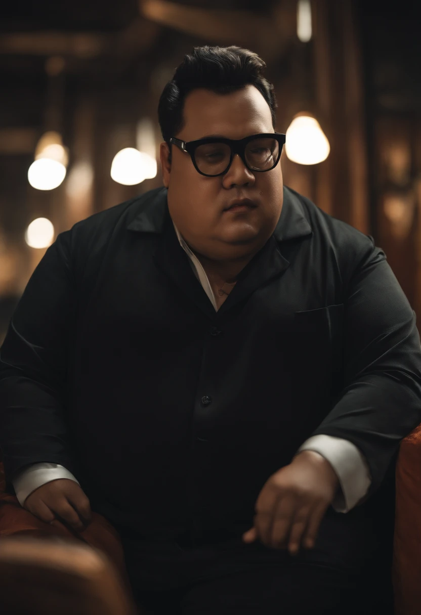 A tall fat Man, with Black glasses, big ear, using costume Black with rede time.