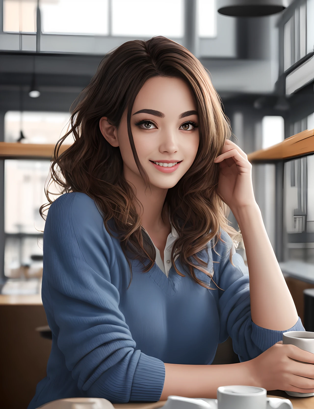 Jolie belle brune avec pull jaune (At work in a modern café at sunset), highly detailed, 14 ans, visage innocent, naturally wavy hair, yeux bleus, high resolucion, шедевр, Meilleur Qulaity, intricate high detail, highly detailed, mise au point nette, detailed skin, Realistic skin texture, Texture, detailled eyes, Professionnel, 4K, sourire charmant, prise avec Canon, 85 mm, Light depth of field, Kodak Vision Couleur, perfect fit body, extremly detailed, photographier_\(ultra\), photographierRealstic, Realstic, Post-traitement, maximum details, roughness, real life, ultrarealistic, photorealism, Photographie, 8K UHD, Photographie