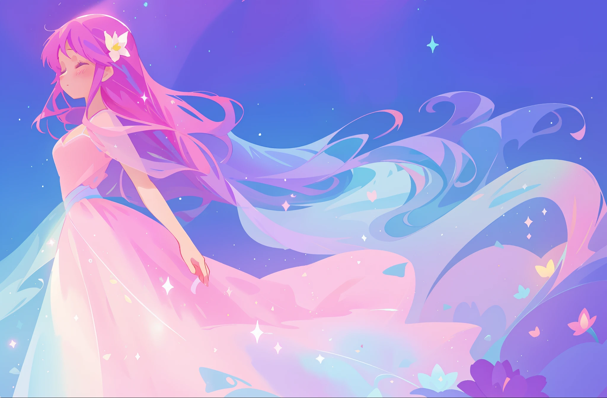 beautiful girl in colorful sparkling flowing ballgown, long flowing purple pink hair, colorful sparkling lights, flowing liquid theme, colorful fantasia background, watercolor illustration, disney art style, glowing aura around her, glowing lights, beautiful digital illustration, fantasia otherworldly landscape plants flowers, beautiful, masterpiece, best quality, anime disney style