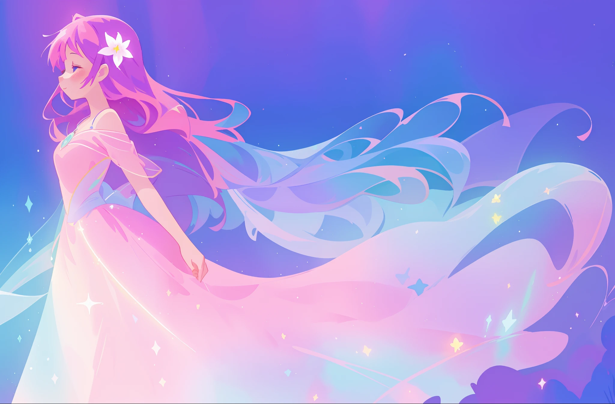 beautiful girl in colorful sparkling flowing ballgown, long flowing purple pink hair, colorful sparkling lights, flowing liquid theme, colorful fantasia background, watercolor illustration, disney art style, glowing aura around her, glowing lights, beautiful digital illustration, fantasia otherworldly landscape plants flowers, beautiful, masterpiece, best quality, anime disney style