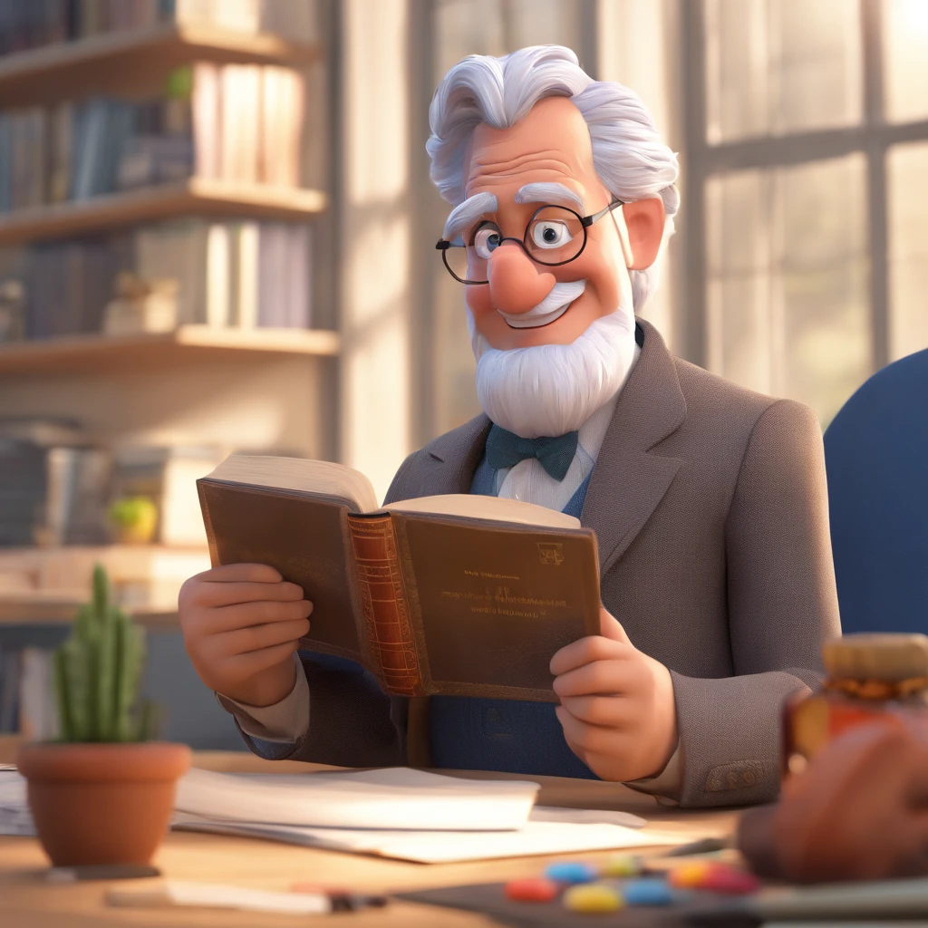 Crie um cartaz inspirado na Disney Pixar com o personagem sendo o pastor Rubens Janier, A gray-haired man wearing glasses, in an office with a Bible on the table