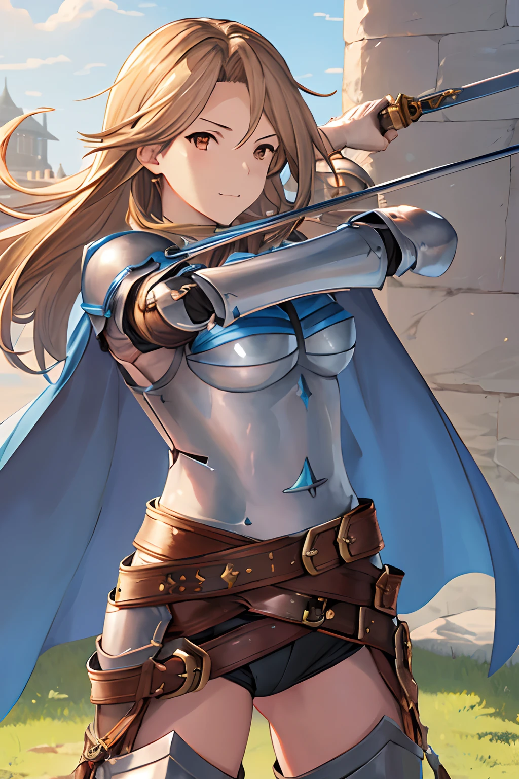 masterpiece, best quality, highres, katalina (granblue fantasy), armor, gauntlets, belt, breastplate, shoulder armor, cape, pauldrons, pants, cowboy shot, outdoors, rapier, holding weapon