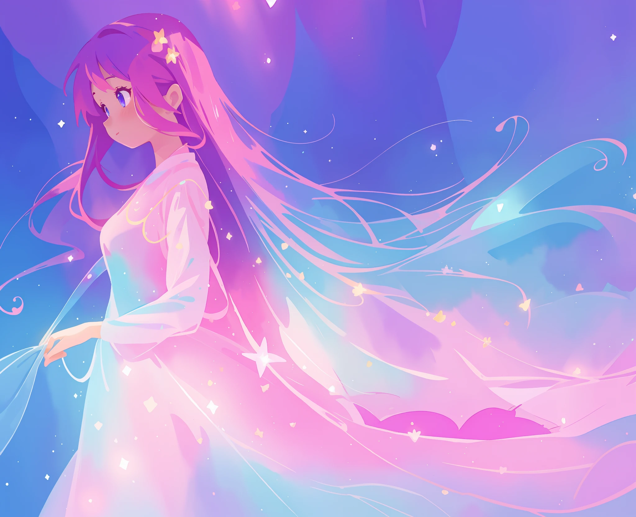 beautiful girl in colorful sparkling flowing ballgown, long flowing purple pink hair, colorful sparkling lights, flowing liquid theme, colorful fantasia background, watercolor illustration, disney art style, glowing aura around her, glowing lights, beautiful digital illustration, fantasia otherworldly landscape plants flowers, beautiful, masterpiece, best quality, anime disney style