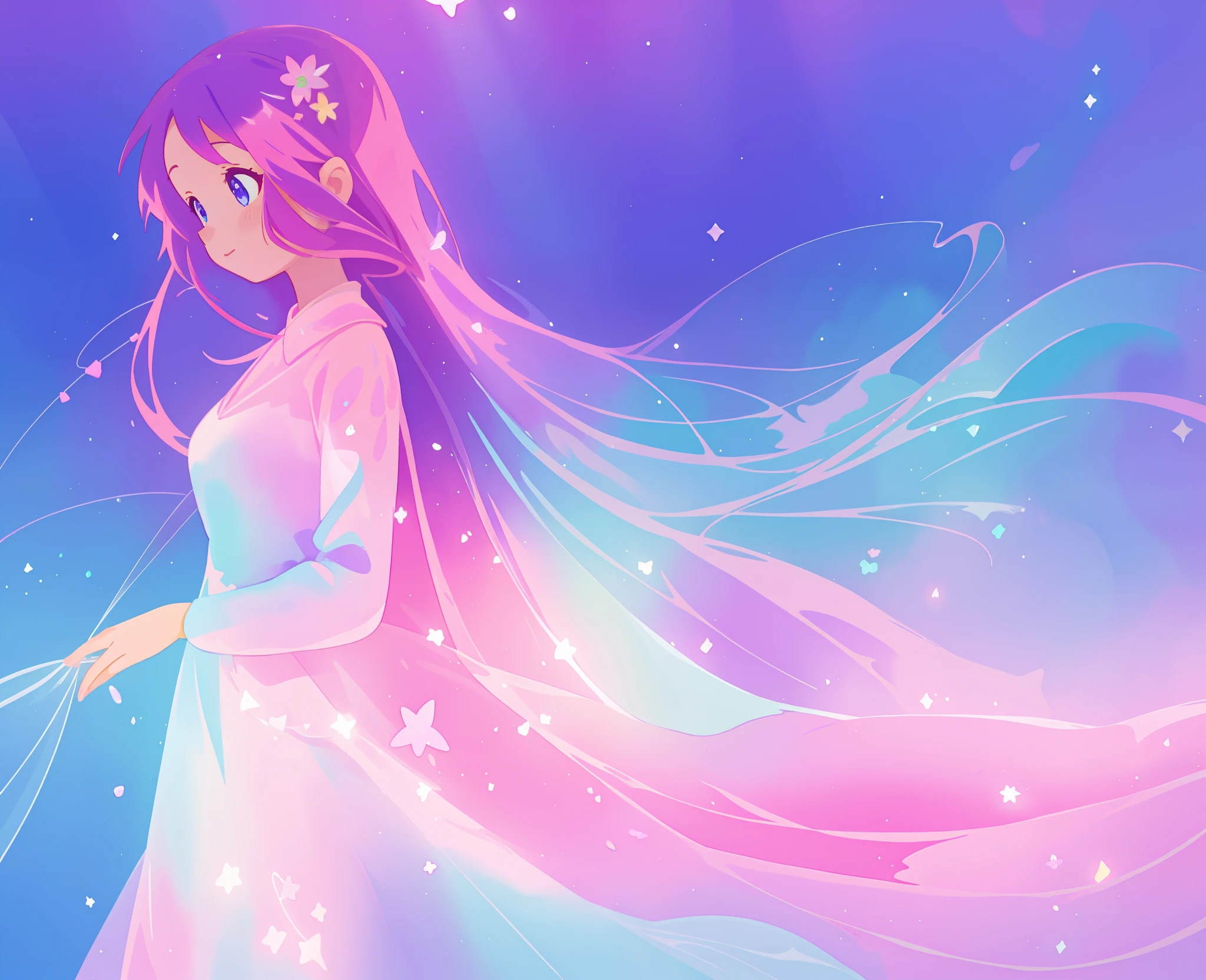 beautiful girl in colorful sparkling flowing ballgown, long flowing purple pink hair, colorful sparkling lights, flowing liquid theme, colorful fantasia background, watercolor illustration, disney art style, glowing aura around her, glowing lights, beautiful digital illustration, fantasia otherworldly landscape plants flowers, beautiful, masterpiece, best quality, anime disney style
