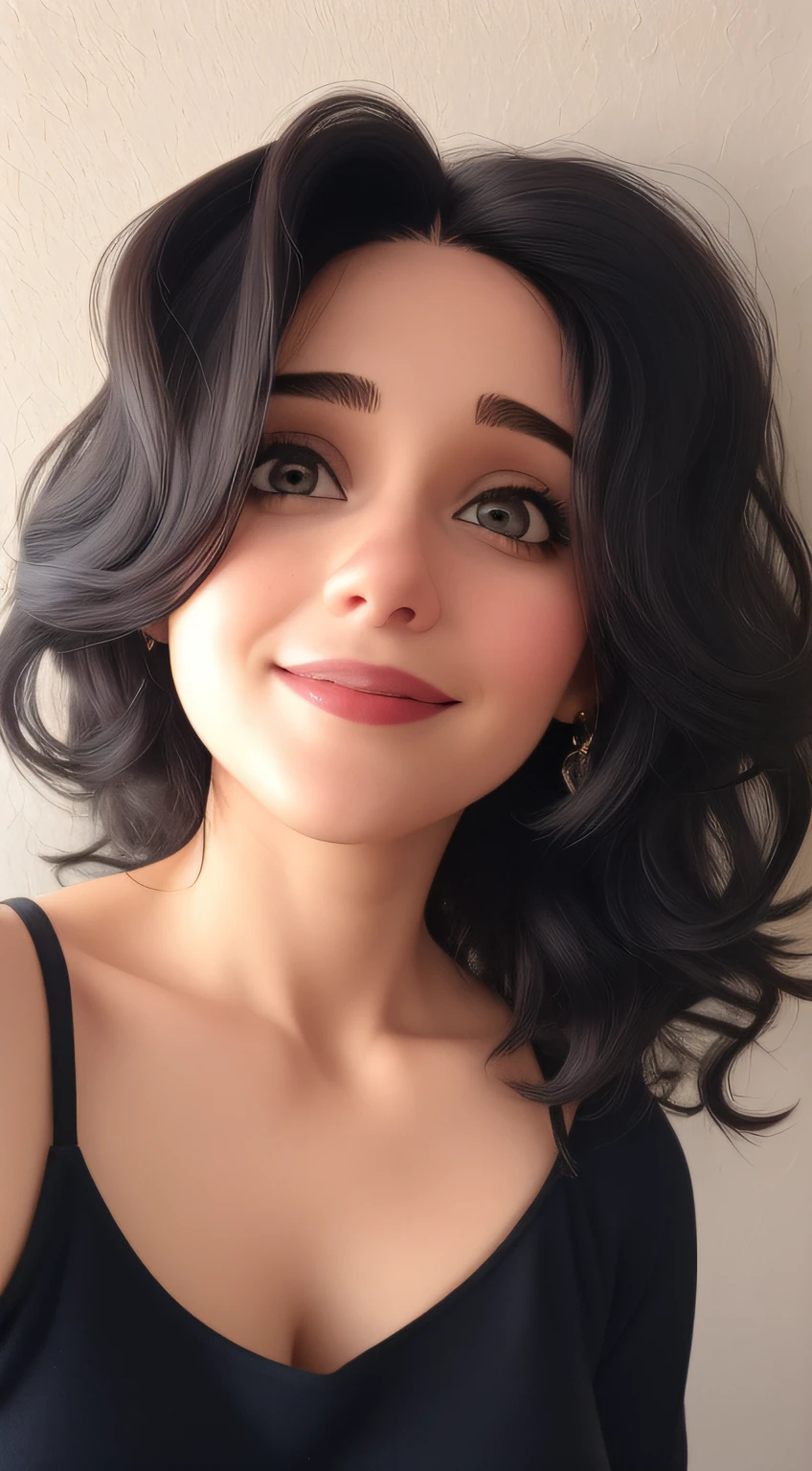 Uma mulher de 34 anos, com cabelos pretos curtos, Rosto redondo, rosto redondo com sorriso debochado, e olhos castanhos escuros
