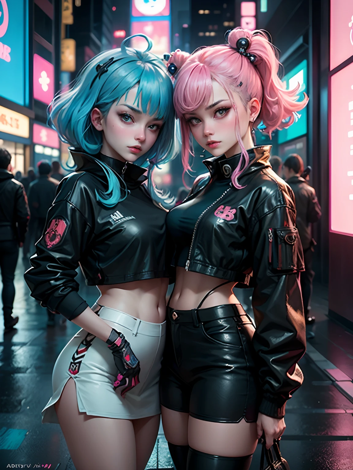masterpiece, best quality, 2 cyberpunk girls standing together taking selfie portrait, ((((Harajuku-inspired cyberpunk clothing)))), bold colors and patterns, eye-catching accessories, trendy and innovative hairstyle))), dazzling Cyberpunk cityscape, skyscrapers, glowing neon signs, LED lights, anime illustration, detailed skin texture, detailed cloth texture, beautiful detailed face, intricate details, ultra detailed, cinematic lighting, strong contrast.