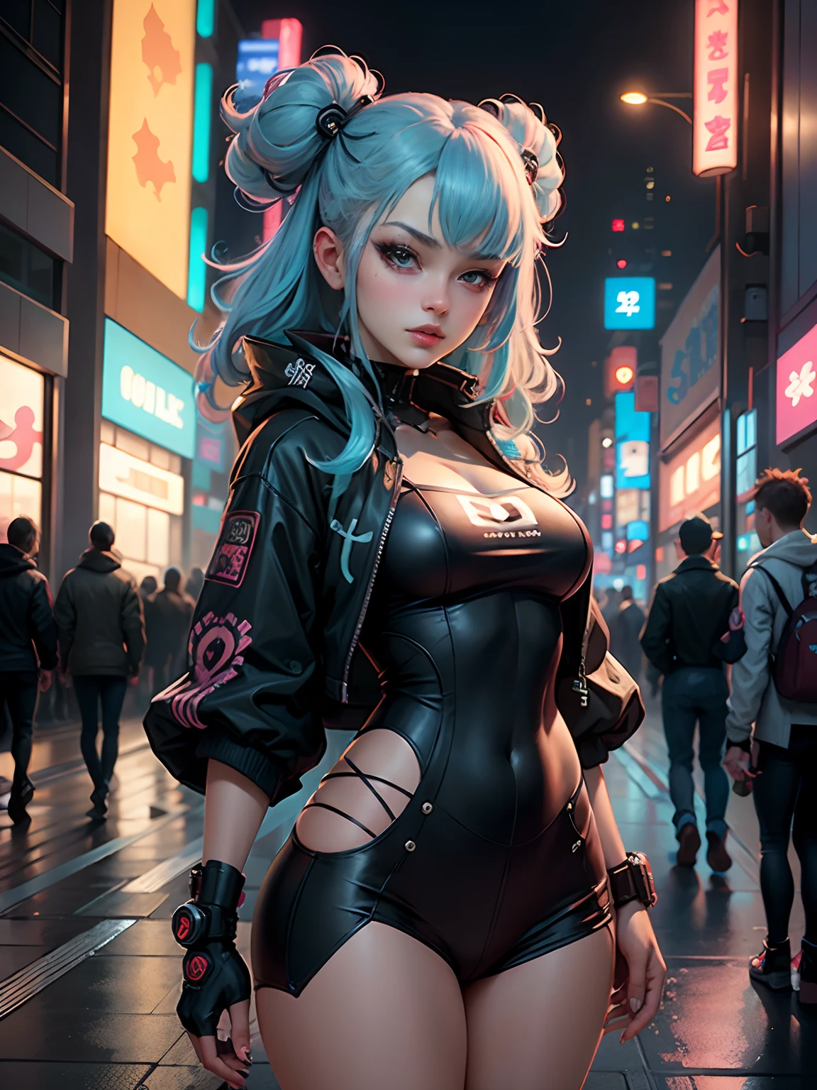 masterpiece, best quality, 2 cyberpunk girls standing together taking selfie portrait, ((((Harajuku-inspired cyberpunk clothing)))), bold colors and patterns, eye-catching accessories, trendy and innovative hairstyle))), dazzling Cyberpunk cityscape, skyscrapers, glowing neon signs, LED lights, anime illustration, detailed skin texture, detailed cloth texture, beautiful detailed face, intricate details, ultra detailed, cinematic lighting, strong contrast.