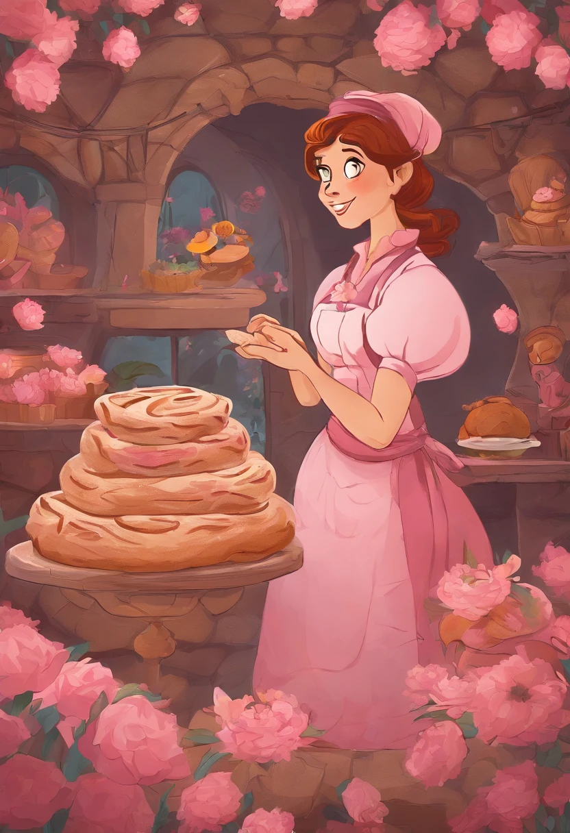 Create a Disney Pixar Poster. Uma mulher chef de cozinha. Esta mulher tem cabelos cor castanho escuro, cabelos na altura do ombro, Is smiling happily, olhos marrons, olhos pequenos. Ela usa brincos pequenos. Ela tem pele branca. She's making bread in a bakery. She's looking at a garden with pink flowers.