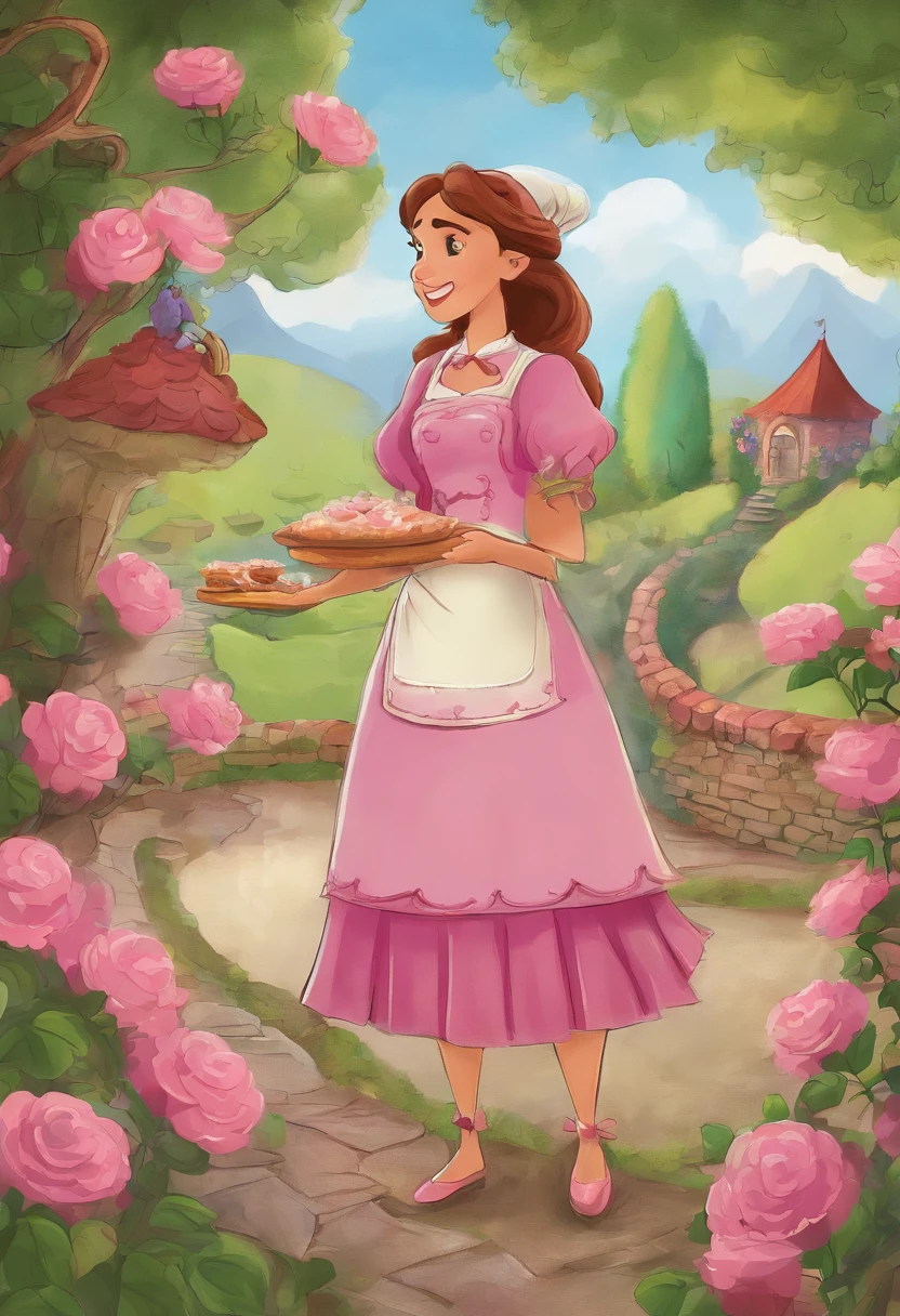 Create a Disney Pixar Poster. Uma mulher chef de cozinha. Esta mulher tem cabelos cor castanho escuro, cabelos na altura do ombro, Is smiling happily, olhos marrons, olhos pequenos. Ela usa brincos pequenos. Ela tem pele branca. She's making bread in a bakery. She's looking at a garden with pink flowers.