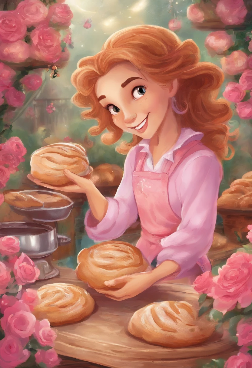 Create a Disney Pixar Poster. Uma mulher chef de cozinha. Esta mulher tem cabelos cor castanho escuro, cabelos na altura do ombro, Is smiling happily, olhos marrons, olhos pequenos. Ela usa brincos pequenos. Ela tem pele branca. She's making bread in a bakery. She's looking at a garden with pink flowers.