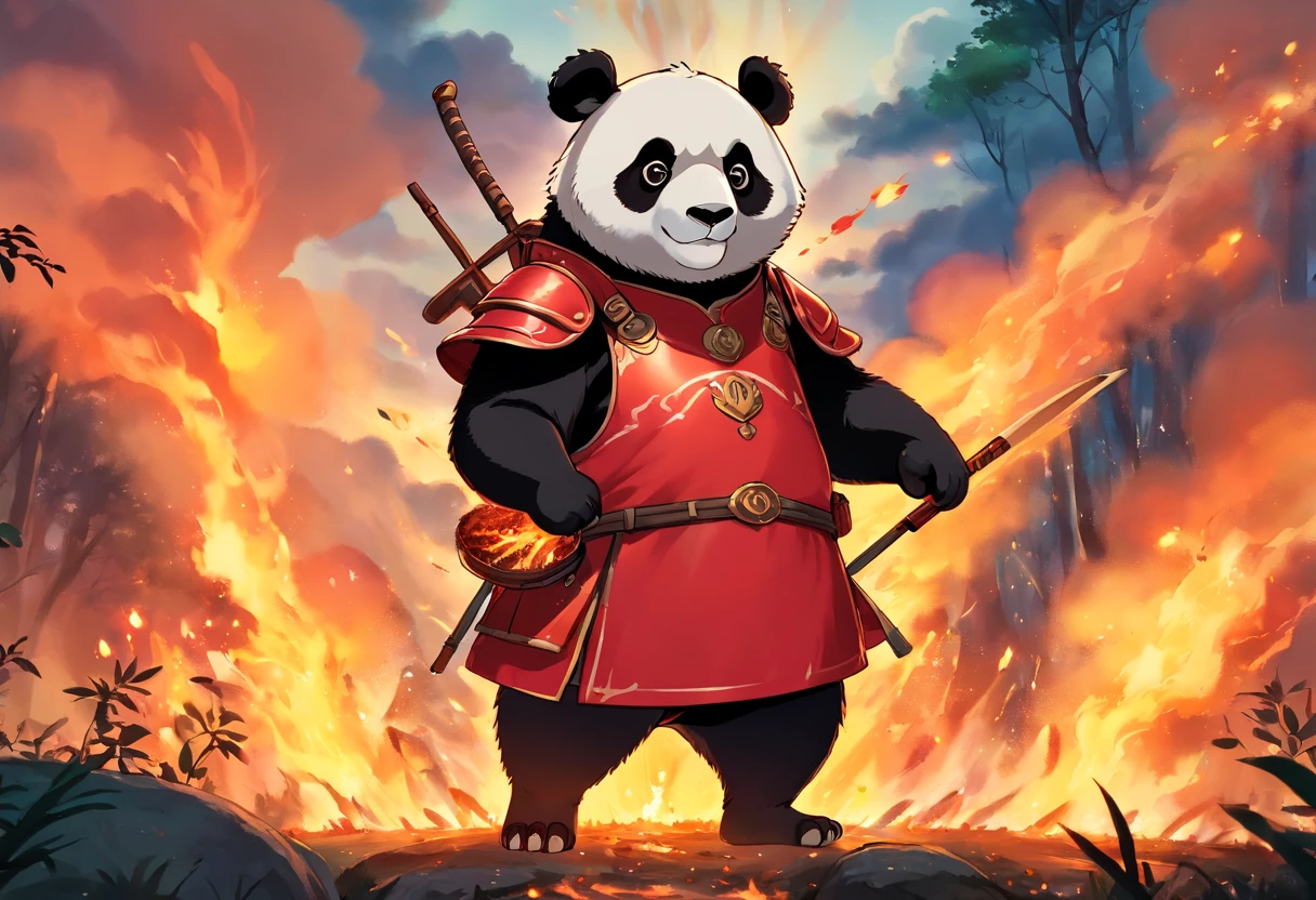 A panda,Wearing red armor,Against the backdrop of raging forest fires,Holding a barbecue in his right hand and eating,The light of the fire should shine on the clothes,Brilliant clouds overhead。The surroundings are dim and gloomy。