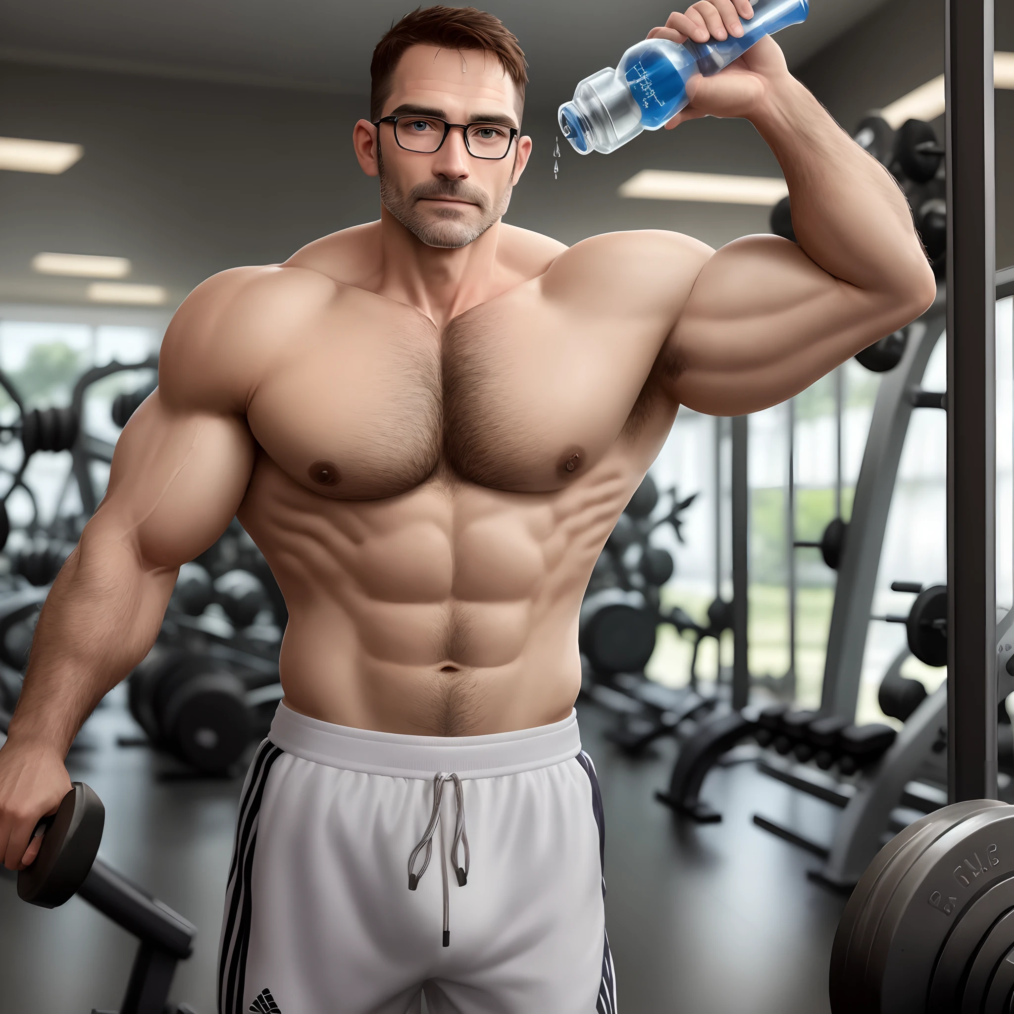 Homem branco, 40 anos, barba curta, forte, eyeglass, is in the gym, Holding water bottle, tirando foto no espelho