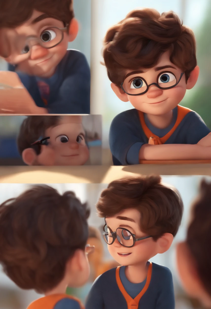 Image of a boy for a story in a YouTube video in Pixar format, He's the little allabester, He's the class leader, He's outgoing, Playful and gets up for a lot of things, cabelo curto