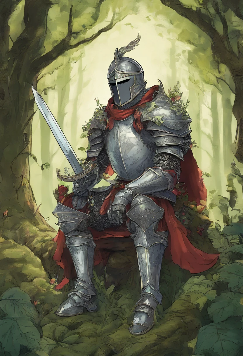 (Knight sitting in the forest:1.2), flora, vine grows on his armor,full armor, helmet, (knight:1.2),dnd art, dungeons and dragons art, high fantasy illustration,d & d art style,