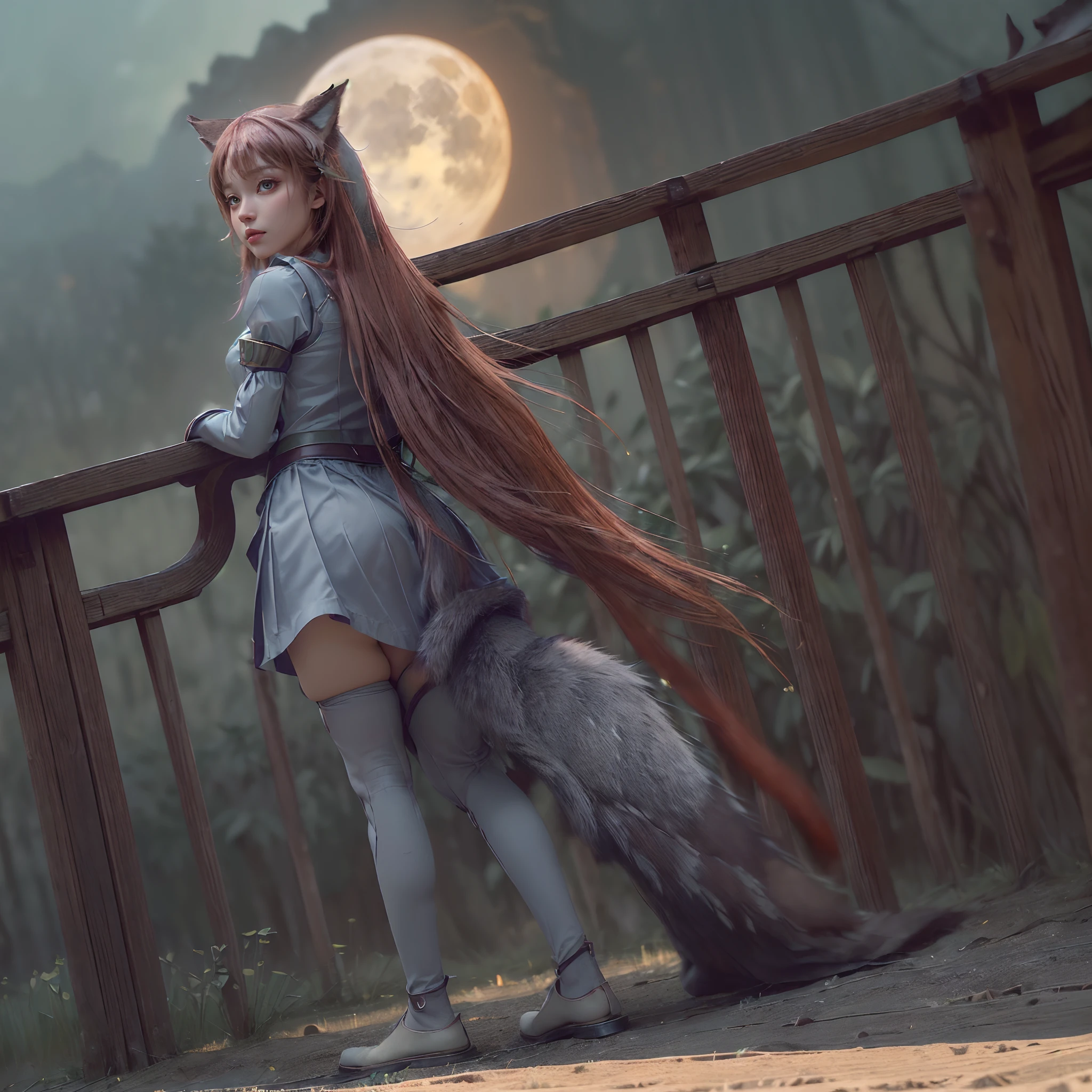 (((NSFW STILL SHOW, Holo the wise wolf、Spice and wolf、Cosplay))), ( (wolf tail butt plug installed), Ass focus), (masterpiece:1.2, best quality, photorealistic:1.37), {(Standing Full Body:1.2)|(from below:1.2)},extremely Detailed, Burning wheat field, bloody moon,