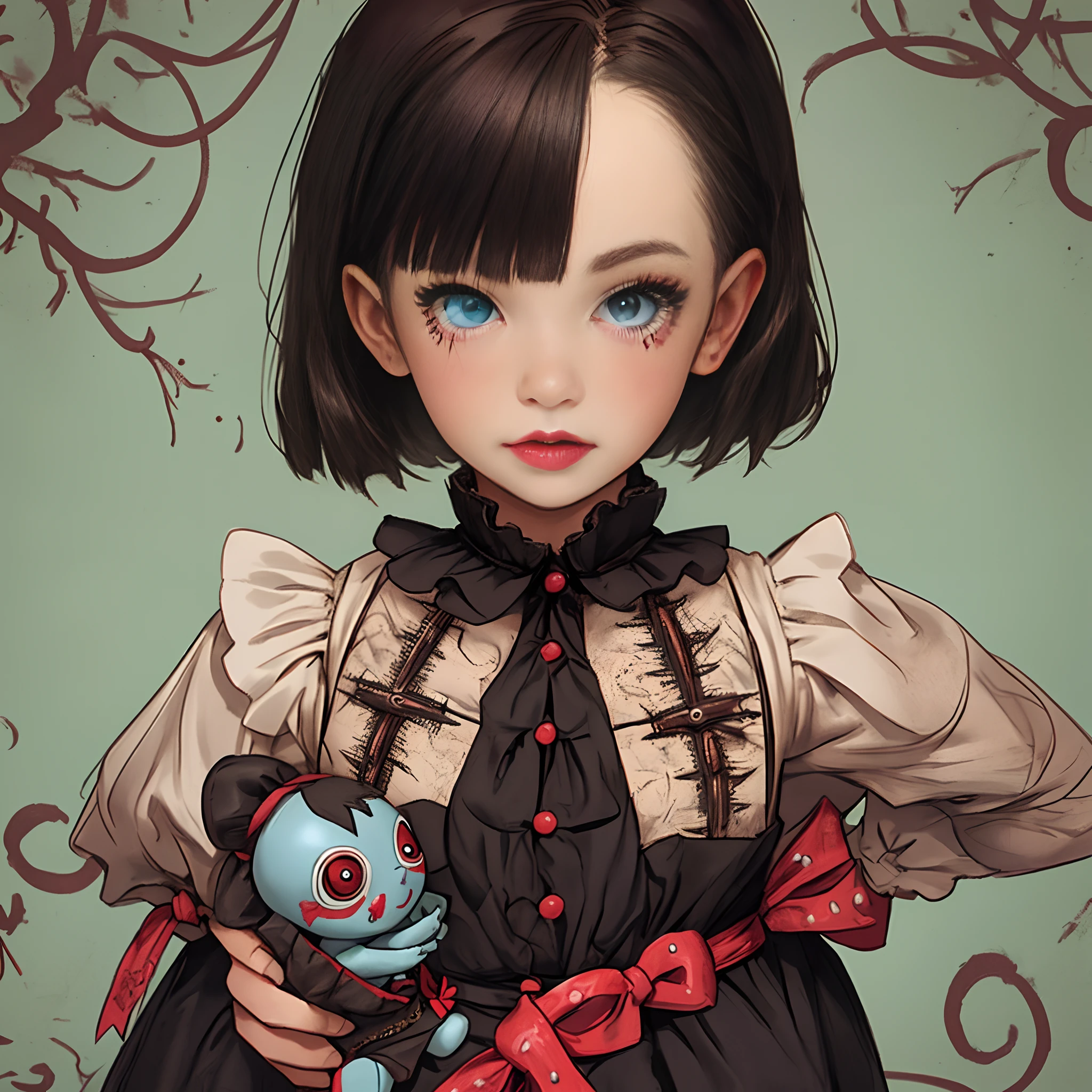 blythe doll dark brunette hair with bangs beautiful eyes dressed as pinhead from hellraiser cute girl