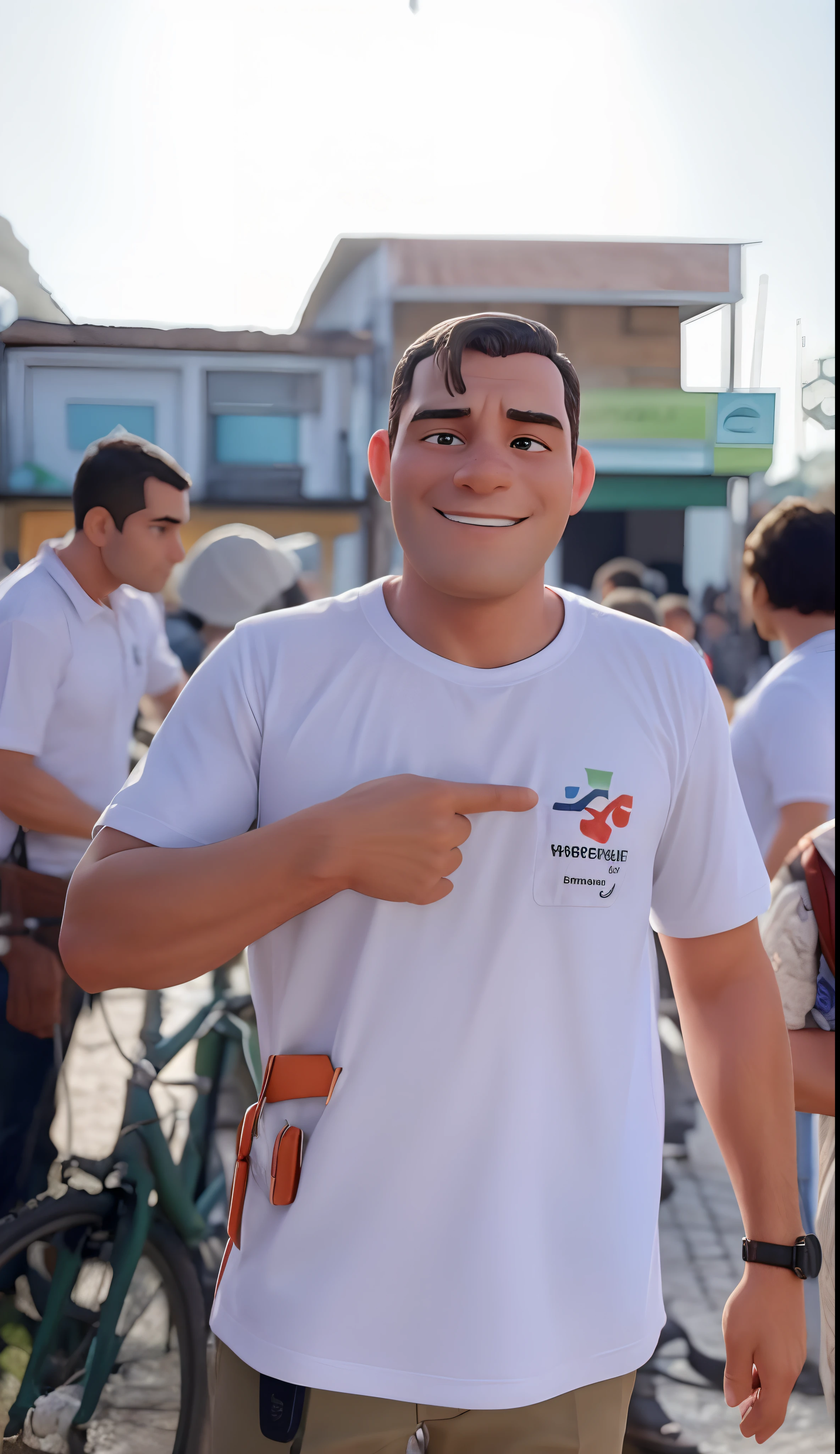 A imagem mostra um homem vestindo uma camisa branca, parado do lado de fora e apontando para a camisa. He is surrounded by several other people, some of whom also wear white shirts. O homem de camisa branca parece ser o foco principal da cena, drawing attention to your shirt and, possivelmente, a mensagem ou logotipo nela.