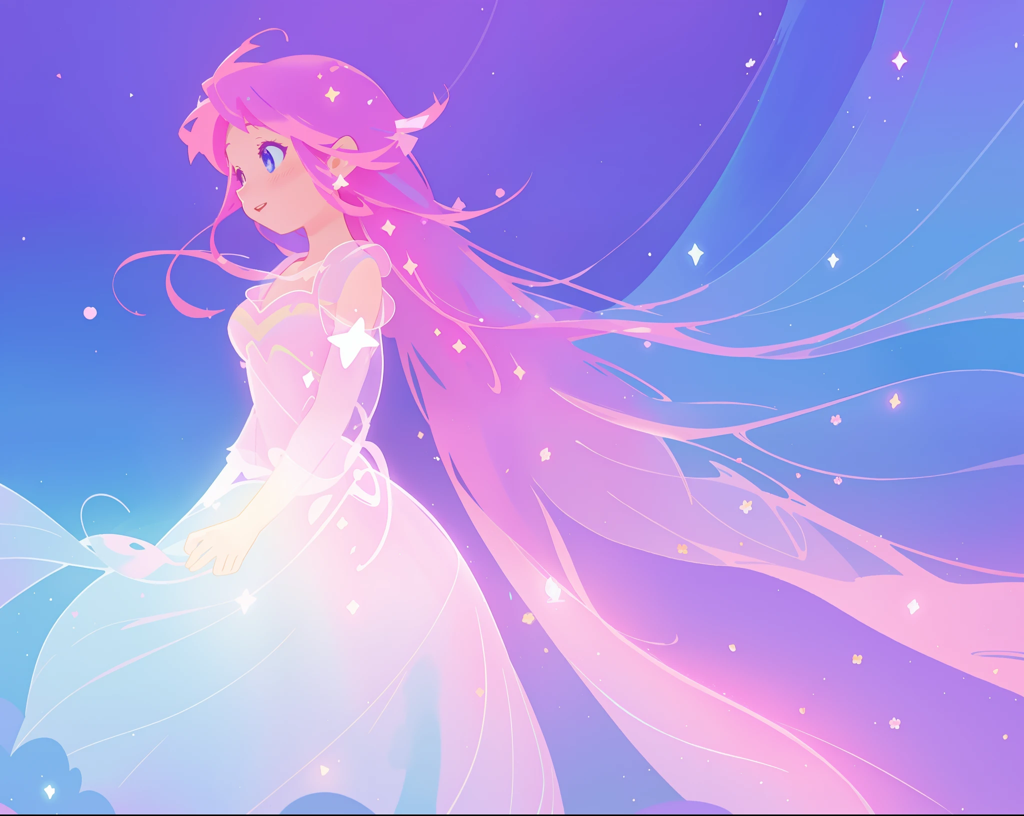 beautiful girl in colorful sparkling flowing ballgown, long flowing purple pink hair, colorful sparkling lights, flowing liquid theme, colorful fantasia background, watercolor illustration, disney art style, glowing aura around her, glowing lights, beautiful digital illustration, fantasia otherworldly landscape plants flowers, beautiful, masterpiece, best quality, anime disney style