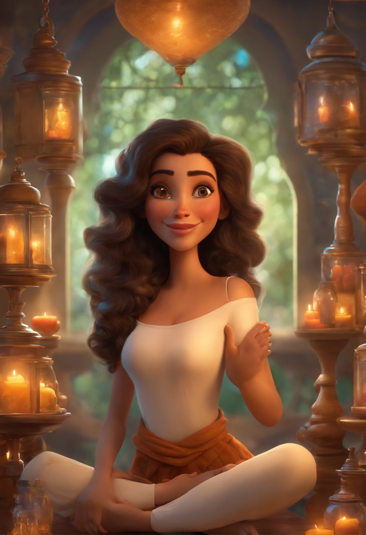 Mulher magra, morena clara, practicing yoga inspired by Pixar animation, de perto. She's a light brunette., olhos, castanhos, Curly shoulder hair She's surrounded by a collection of magic jars, each containing a unique idea. The focus is on the character, with a captivating facial expression, Against a backdrop of shimmering, cores efervescentes.