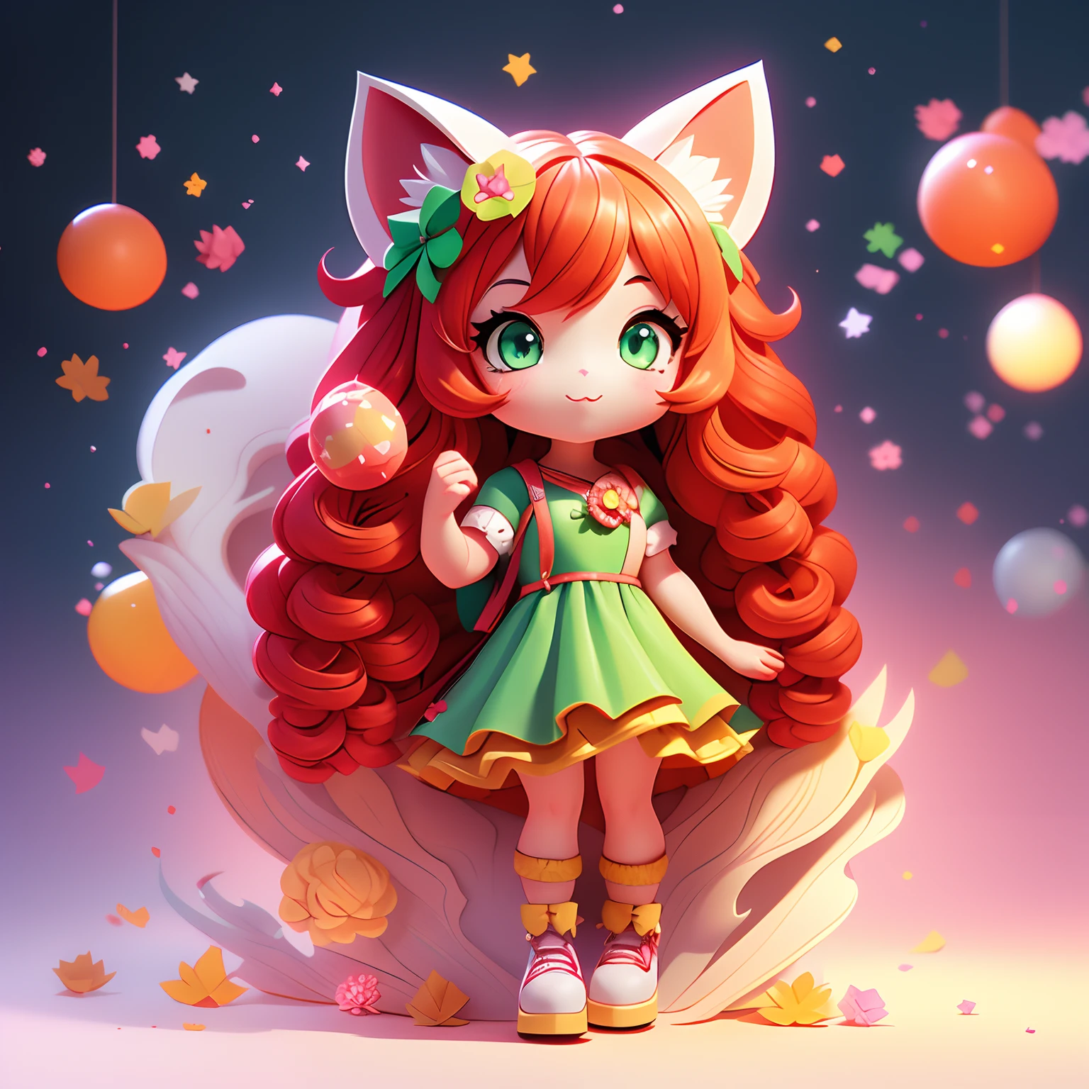 1girl, animal ears, tail, chibi, red hair, cat ears, solo, cat tail, long hair, hair ornament, cat girl, virtual youtuber, dress, green eyes, ahoge, bow, white background, animal ear fluff, hairclip, holding