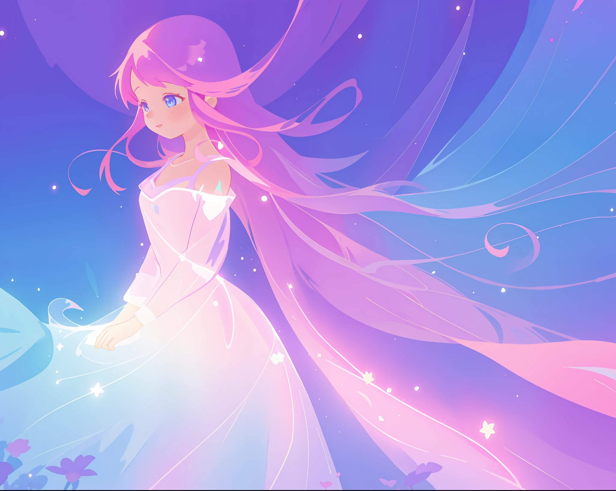 beautiful girl in colorful sparkling flowing ballgown, long flowing purple pink hair, colorful sparkling lights, flowing liquid theme, colorful fantasia background, watercolor illustration, disney art style, glowing aura around her, glowing lights, beautiful digital illustration, fantasia otherworldly landscape plants flowers, beautiful, masterpiece, best quality, anime disney style