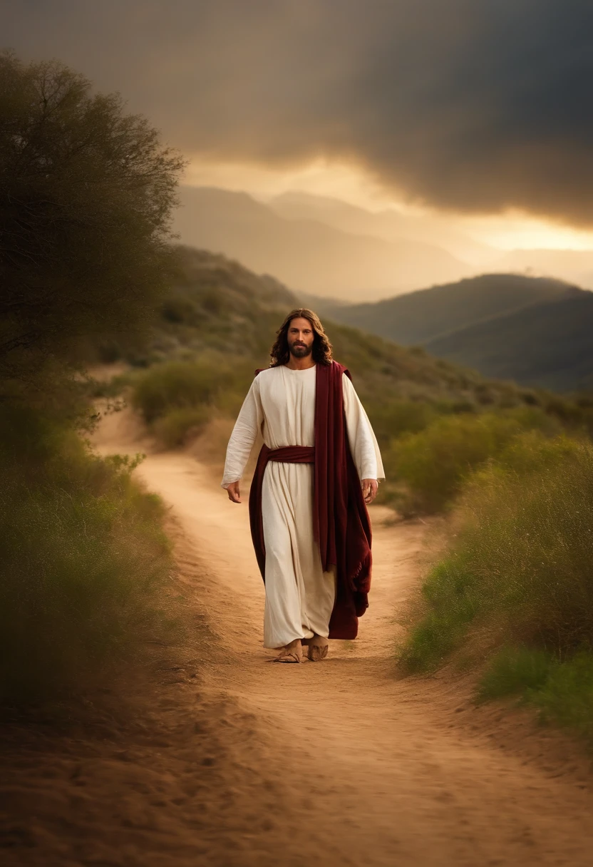 Jesus in high definition walks along a dirt road Jesus' expression must be one of faith and peace
