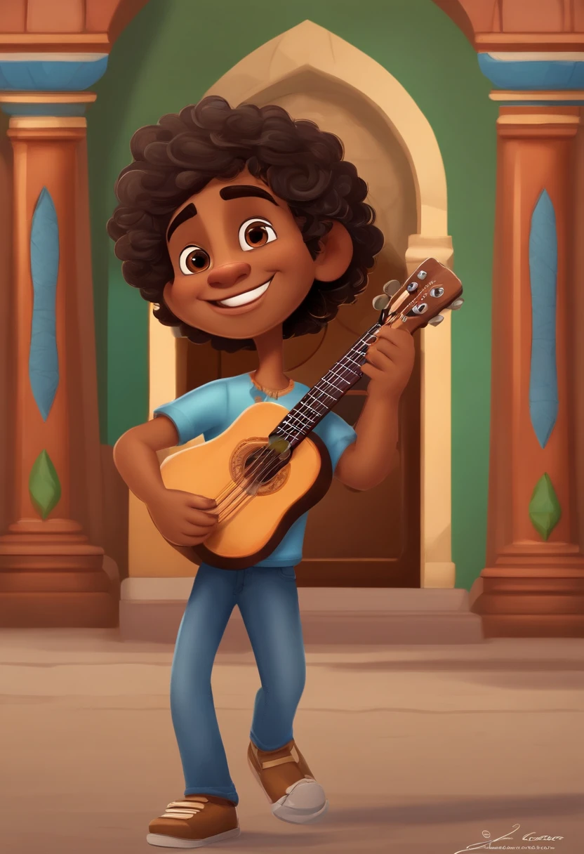 crie um banner no estilo Pixar. A boy with Indian features, moreno pardo com cabelos curtos, Castanhos escuros, Curly and slightly grayish appearance, mas jovem, usando uma camiseta, Wearing jeans and holding a classical guitar with 7 strings.
