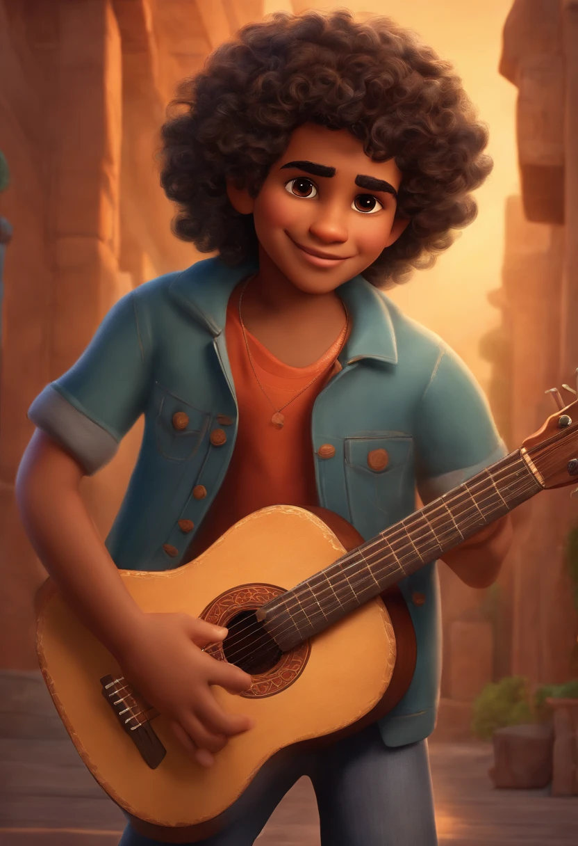 crie um banner no estilo Pixar. A boy with Indian features, moreno pardo com cabelos curtos, castanhos escuros, curly and slightly graying but youthful appearance, usando uma camiseta, Wearing jeans and holding a classical guitar with 7 strings.