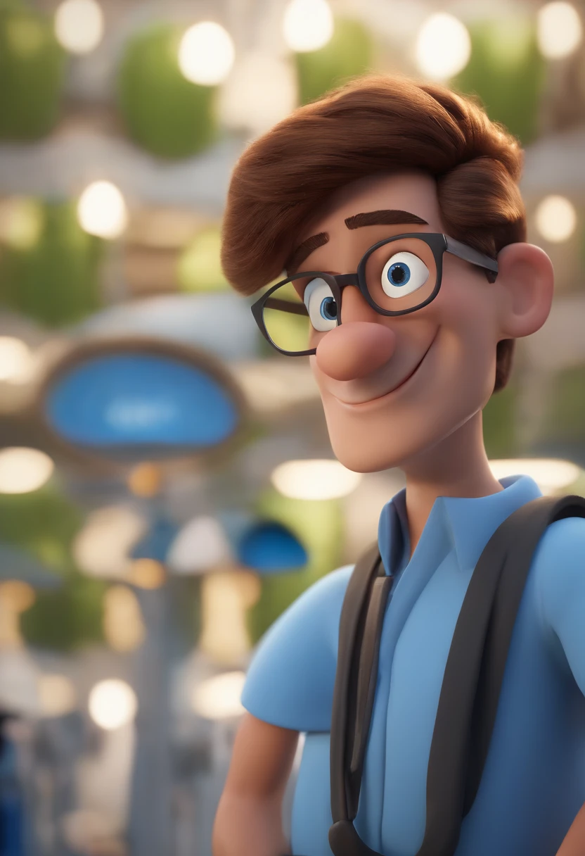 Cartoon character of a man wearing black glasses and a blue shirt, um personagem animado, Caractere estilizado, animation style rendering, 3D estilizado, Arnold Maya render, 3 d render stylized, toon render keyshot, Personagem 3D, Personagem 3D, 3d rendering stylized, 3 d character render, personagem de desenho animado, Personagem de close up, Pose de personagem, (Estilo Pixar) (master part:1.2) (Bokeh) (best quality) (pele detalhada) (textura detalhada) (8k) (argila) (Cinematic lighting) (foco nítido，Senta e vaza a parte superior do corpo
