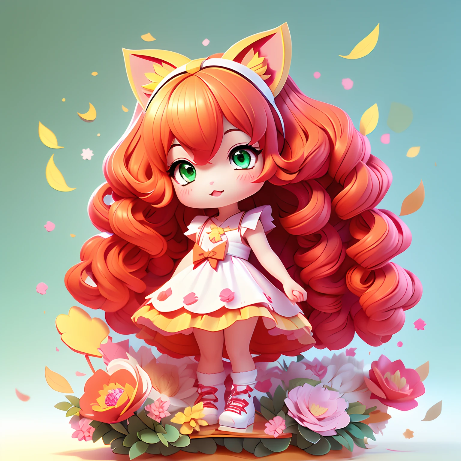 1girl, animal ears, tail, chibi, red hair, cat ears, solo, cat tail, long hair, hair ornament, cat girl, virtual youtuber, dress, green eyes, ahoge, bow, white background, animal ear fluff, hairclip, holding