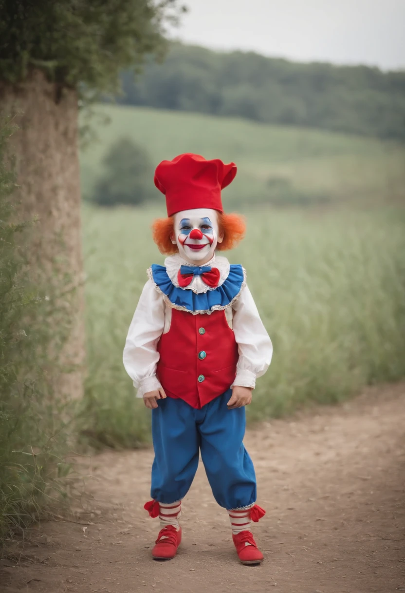 Um clown com terno vermelho, Blue Laega Pants, sapato preto e branco, alegre, children's expression, com um chapeu colorido, And a little bird on the head