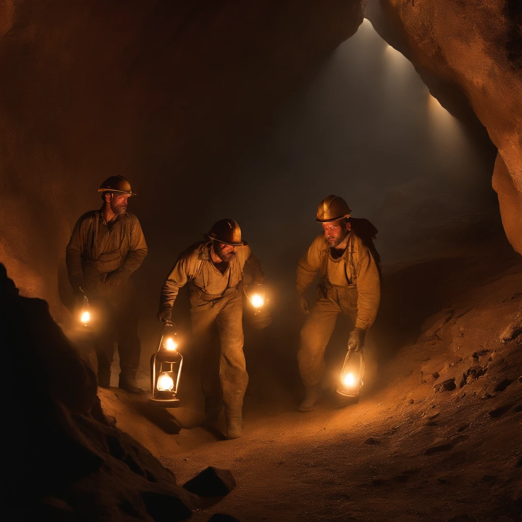 (photorealistic:1.37,highres,ultra-detailed)A group of miners standing in a dimly lit cave, sweat dripping down their faces. The miners are wearing heavy, worn-out equipment and their bodies are covered in dirt and grime. The walls of the cave are rough and rocky, with veins of precious minerals running through them. The miners are deeply focused as they extract the minerals from the walls using their tools. The scene is illuminated by the warm glow of lanterns hanging from the ceiling, casting long shadows on the cave floor. The colors are rich and earthy, with hints of gold and silver reflecting off the miners' clothing. The air is filled with the sound of clinking tools and distant rumblings from the depths of the mine. It's a scene that captures the gritty and hardworking nature of the mining industry.