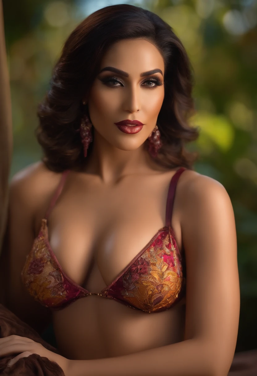 Create a transsexual woman with a 25-centimeter penis on display, large breasts on display and with a face that looks like actress Mia Kalifah