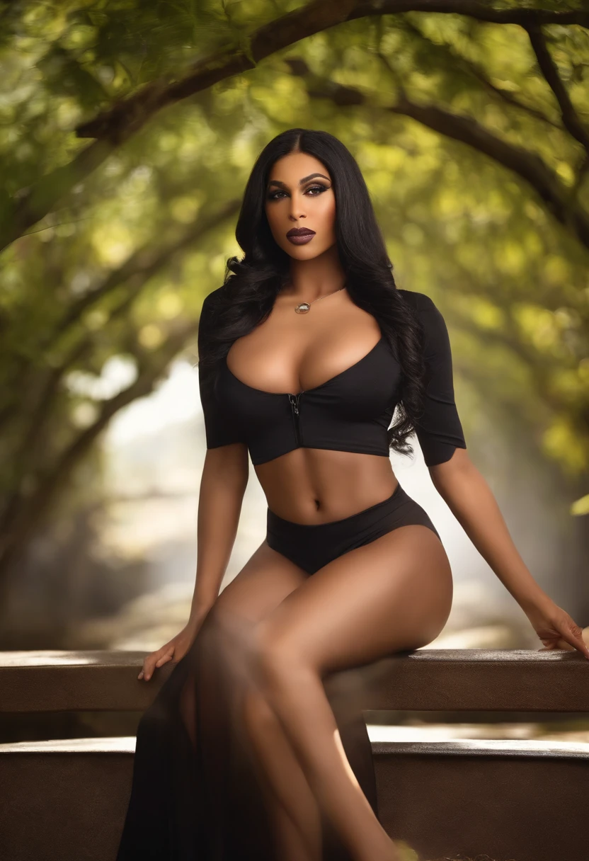 Create a transsexual woman with a 25-centimeter penis on display, large breasts on display and with a face that looks like actress Mia Kalifah
