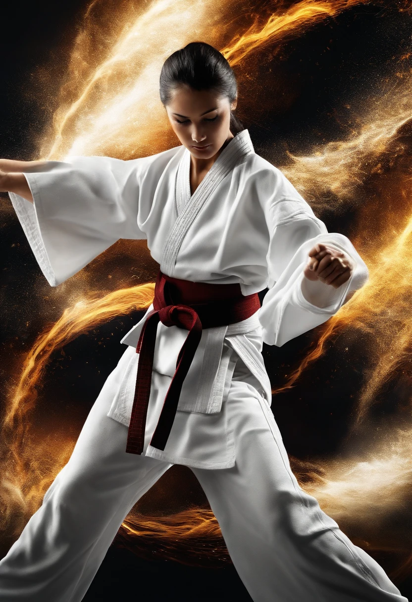 kimono branco, gola preta, faixa preta, faixa dourada, esporte de luta, High-quality karate, dynamic action, movimentos poderosos, Dynamic background for sports poster.